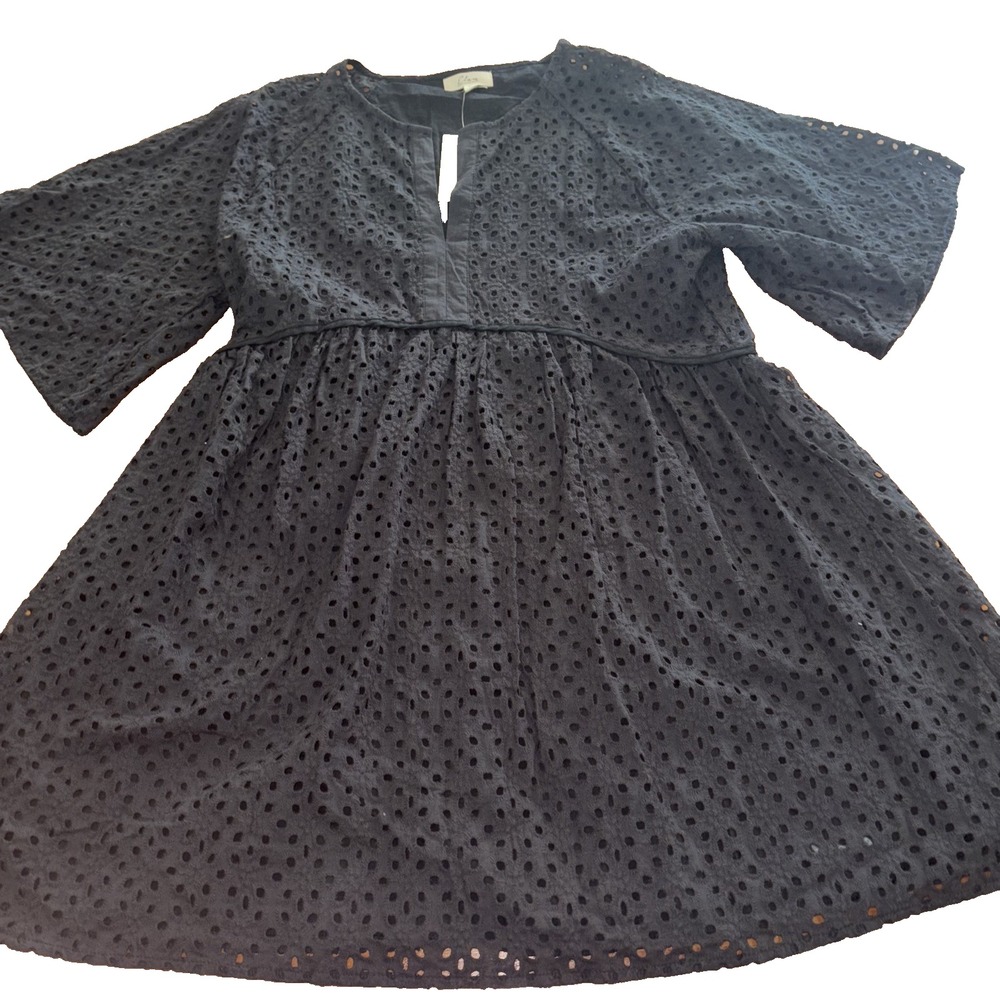 Elan‎ Black Eyelet Mini Dress XL Lined 3/4 Sleeve V-Neck Bloomingdale's Brand - Picture 5 of 8